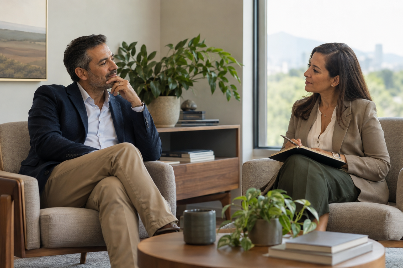 Escena ilustrativa de una conversación de coaching profesional uno a uno